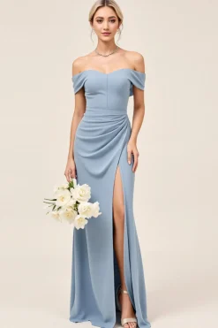 Vestidos Para Casamento Convidada com Fenda Azul Poeirento Chiffon Fora do Ombro Longo
