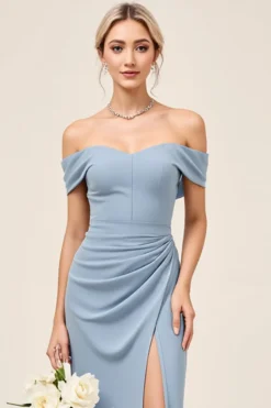 Vestidos Para Casamento Convidada com Fenda Azul Poeirento Chiffon Fora do Ombro Longo