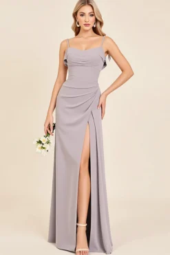 Vestidos Para Casamento Convidada com Fenda Bainha Cetim Longo Prata