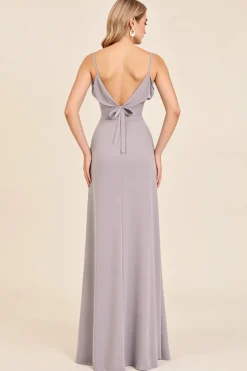 Vestidos Para Casamento Convidada com Fenda Bainha Cetim Longo Prata