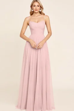 Vestidos Para Casamento Convidada Rosa Doce Chiffon Linha-A Longo Alças Finas