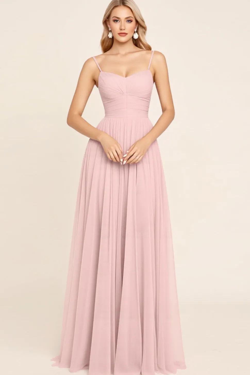 Vestidos Para Casamento Convidada Rosa Doce Chiffon Linha-A Longo Alças Finas