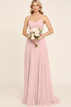 Vestidos Para Casamento Convidada Rosa Doce Chiffon Linha-A Longo Alças Finas