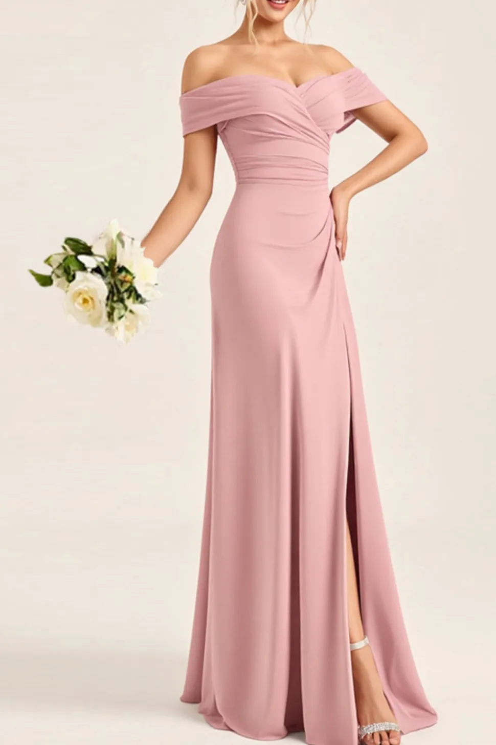 Vestidos Para Casamento Convidada com Fenda Longo Corar Rosa Bainha Fora do Ombro