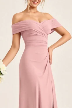 Vestidos Para Casamento Convidada com Fenda Longo Corar Rosa Bainha Fora do Ombro