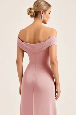 Vestidos Para Casamento Convidada com Fenda Longo Corar Rosa Bainha Fora do Ombro