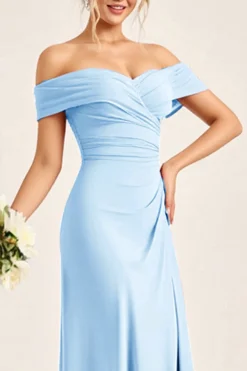 Vestidos Para Casamento Convidada com Fenda Longo Corar Rosa Bainha Fora do Ombro