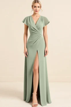 Vestidos Para Casamento Convidada com Fenda Matcha Bainha Decote em V Longo