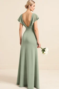 Vestidos Para Casamento Convidada com Fenda Matcha Bainha Decote em V Longo