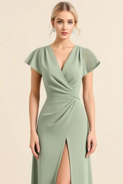 Vestidos Para Casamento Convidada com Fenda Matcha Bainha Decote em V Longo