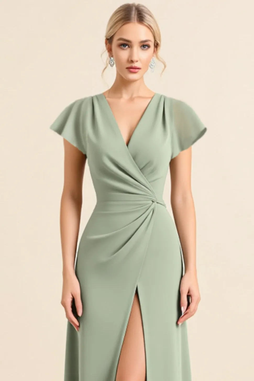 Vestidos Para Casamento Convidada com Fenda Matcha Bainha Decote em V Longo