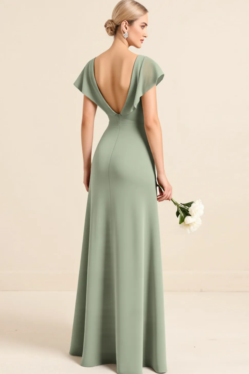 Vestidos Para Casamento Convidada com Fenda Matcha Bainha Decote em V Longo