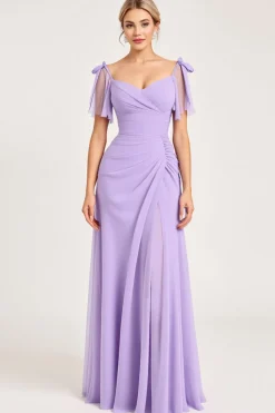 Vestidos Para Casamento Convidada com Fenda Lilás Bainha Longo Chiffon
