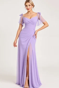 Vestidos Para Casamento Convidada com Fenda Lilás Bainha Longo Chiffon