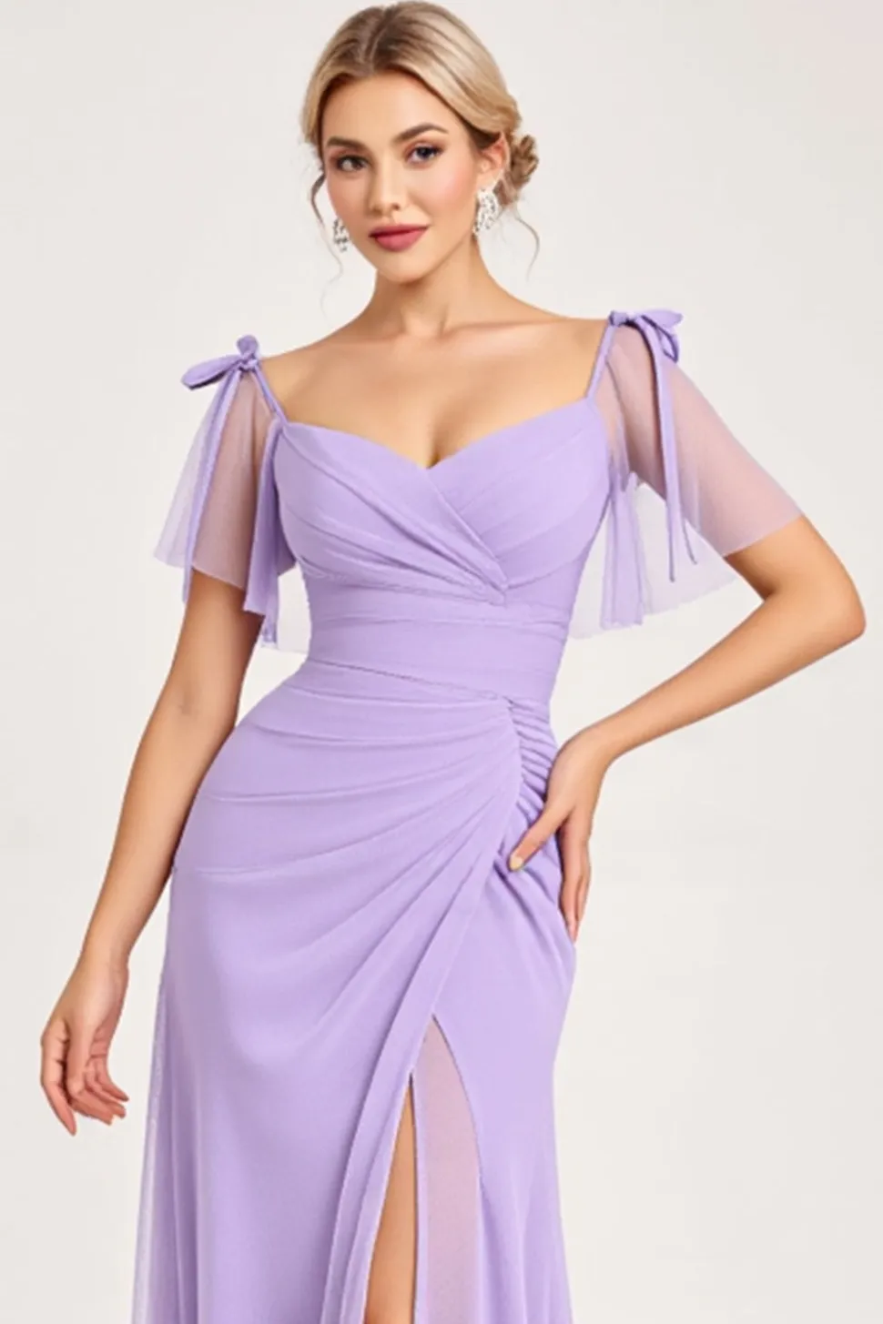 Vestidos Para Casamento Convidada com Fenda Lilás Bainha Longo Chiffon
