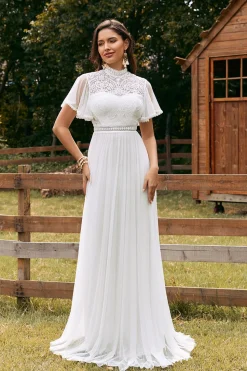 Vintage Marfim Chiffon Boho Vestido de Noiva com Renda