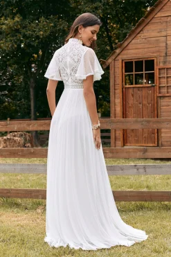 Vintage Marfim Chiffon Boho Vestido de Noiva com Renda