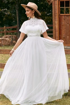 Vintage Marfim Chiffon Boho Vestido de Noiva com Renda