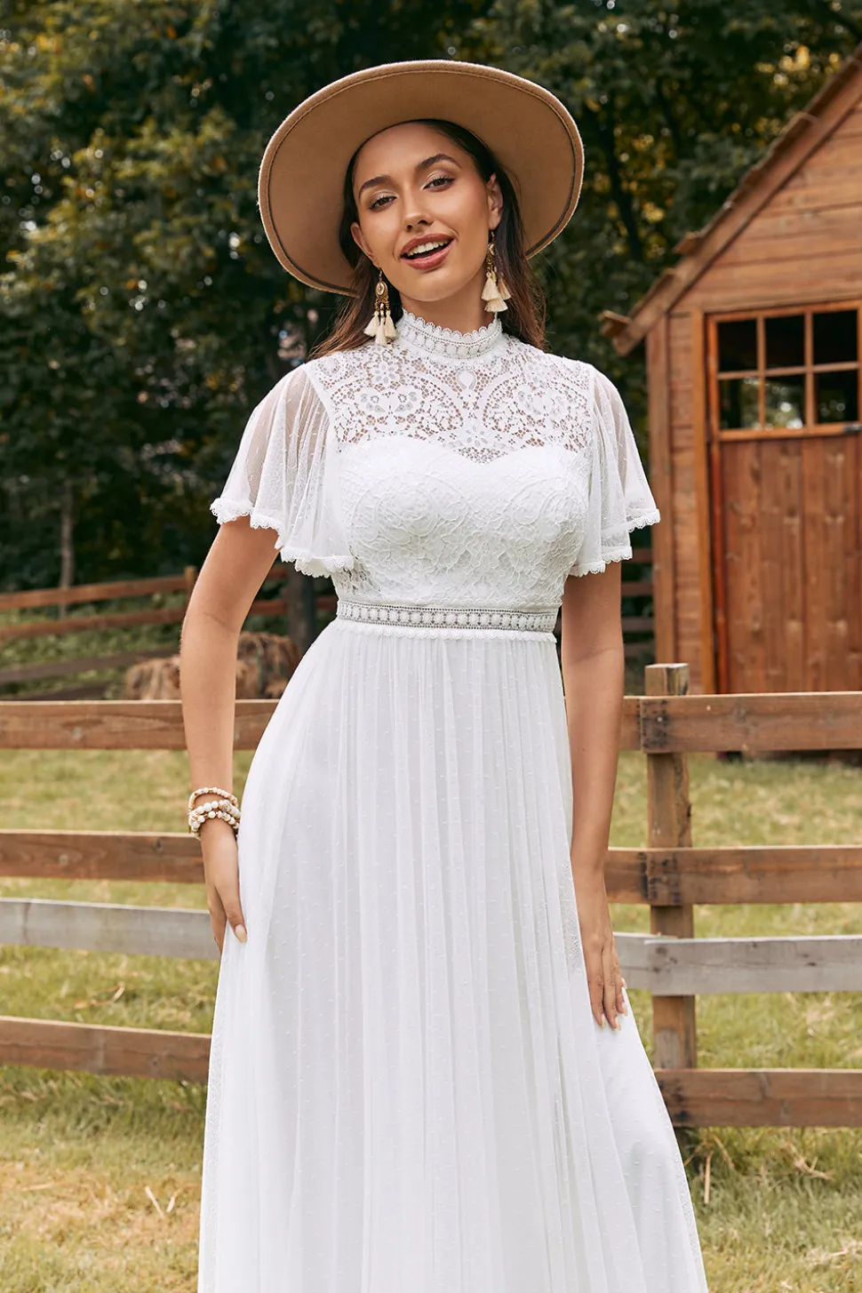 Vintage Marfim Chiffon Boho Vestido de Noiva com Renda