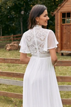 Vintage Marfim Chiffon Boho Vestido de Noiva com Renda