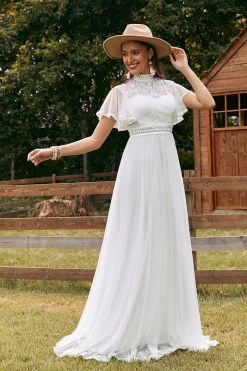 Vintage Marfim Chiffon Boho Vestido de Noiva com Renda