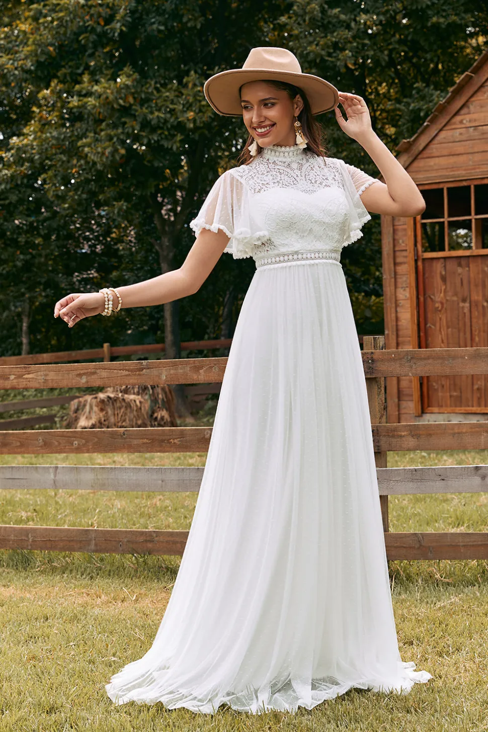 Vintage Marfim Chiffon Boho Vestido de Noiva com Renda