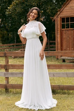 Vintage Marfim Chiffon Boho Vestido de Noiva com Renda