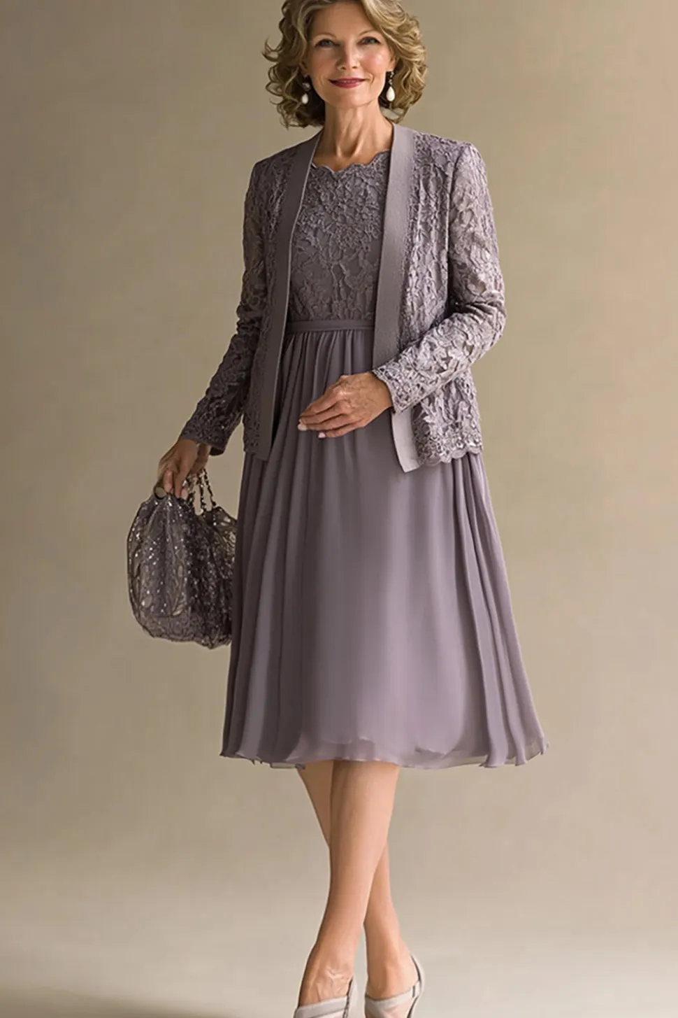 Vintage Mauve A-Line Scoop Lace Top Chiffon Joelho Comprimento Mãe do Vestido da Noiva com Jaqueta de Renda