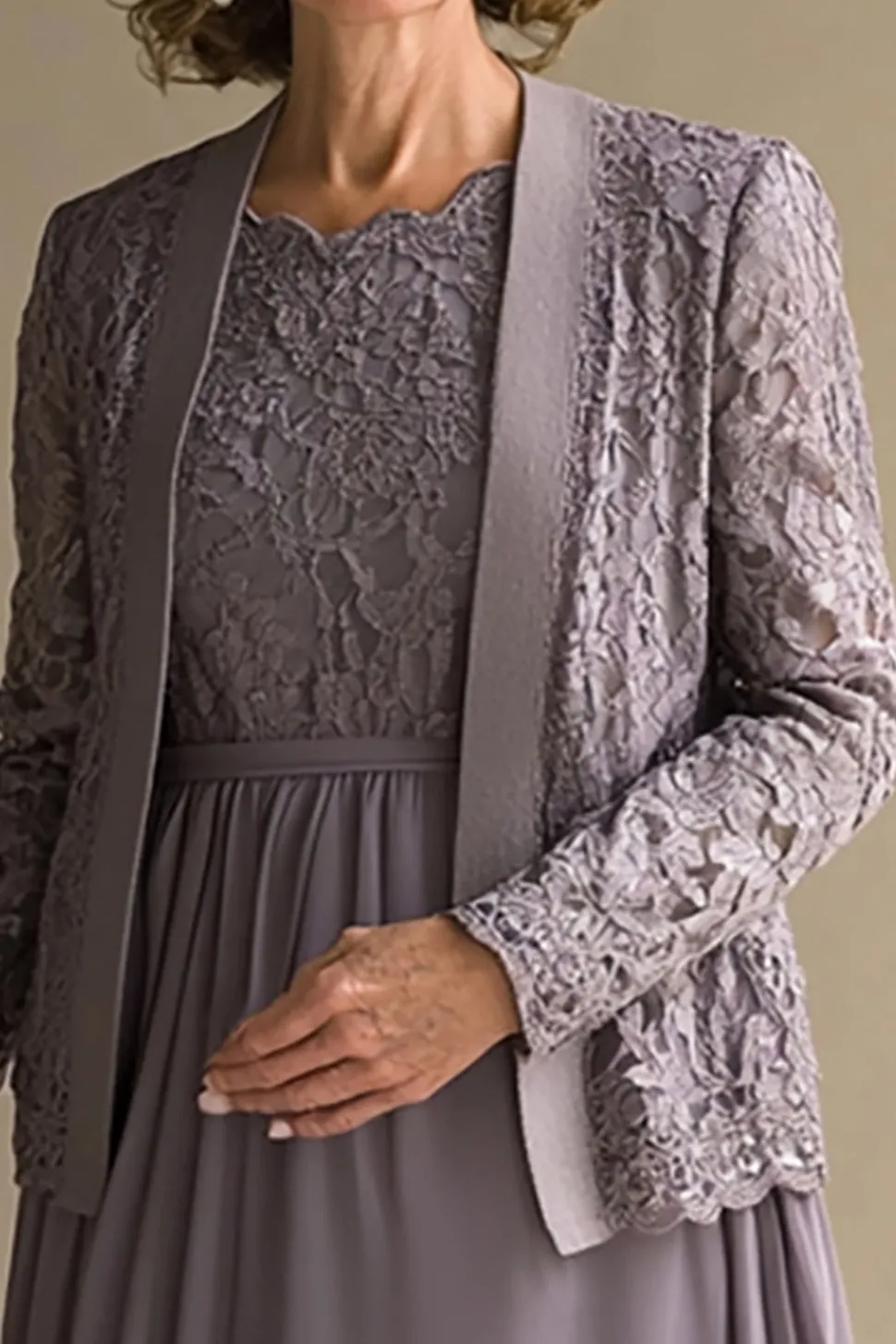 Vintage Mauve A-Line Scoop Lace Top Chiffon Joelho Comprimento Mãe do Vestido da Noiva com Jaqueta de Renda