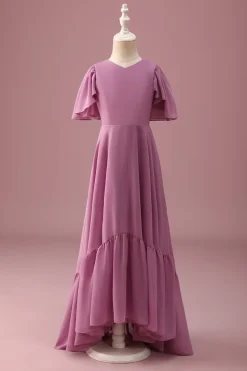 Vintage Mauve Uma linha Ruched Chiffon Junior vestido de dama de honra com mangas curtas