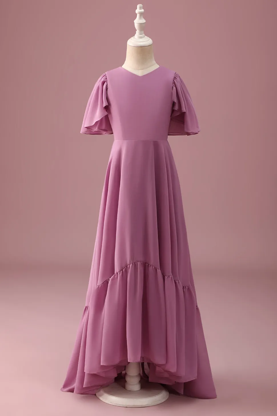 Vintage Mauve Uma linha Ruched Chiffon Junior vestido de dama de honra com mangas curtas
