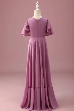 Vintage Mauve Uma linha Ruched Chiffon Junior vestido de dama de honra com mangas curtas