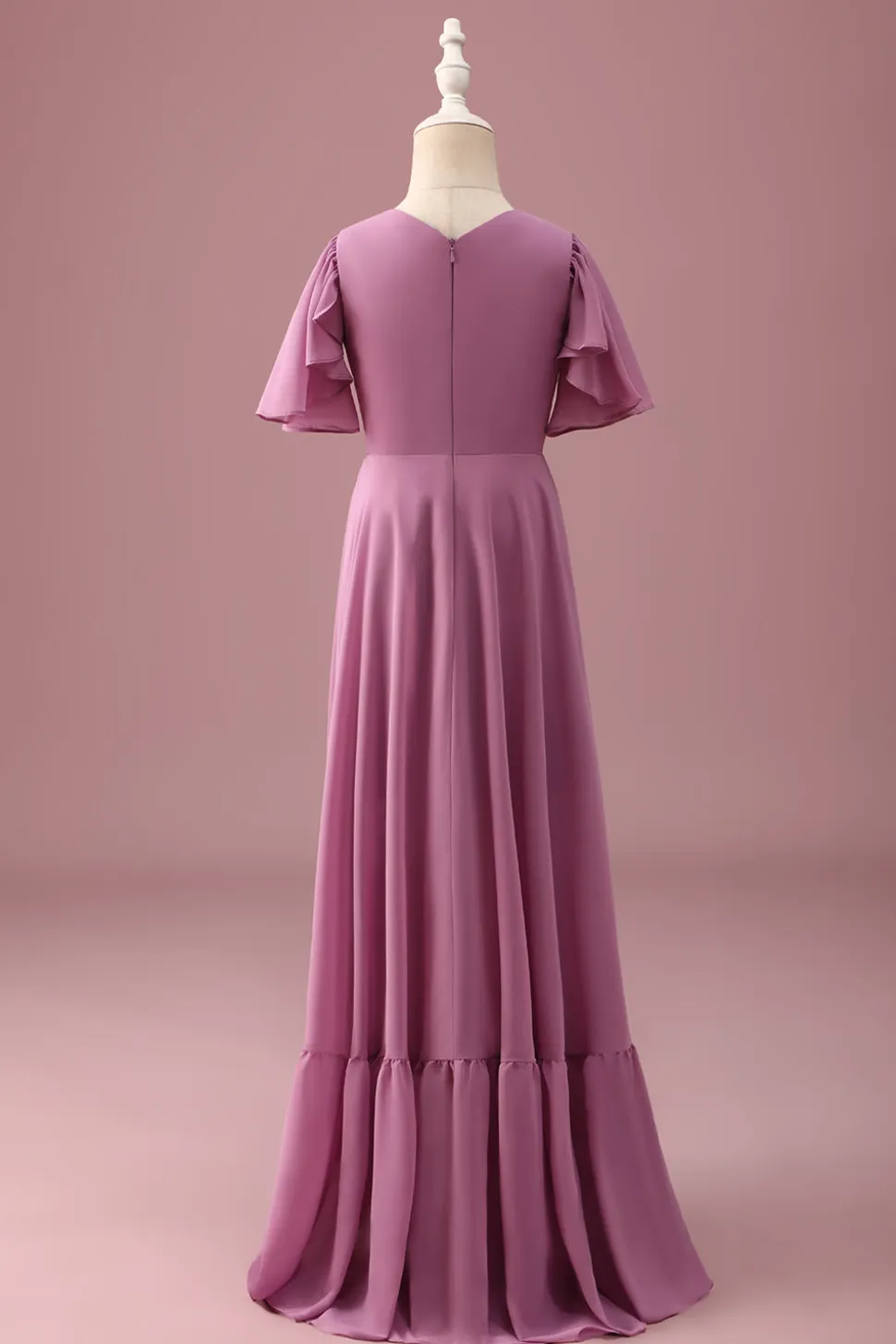 Vintage Mauve Uma linha Ruched Chiffon Junior vestido de dama de honra com mangas curtas