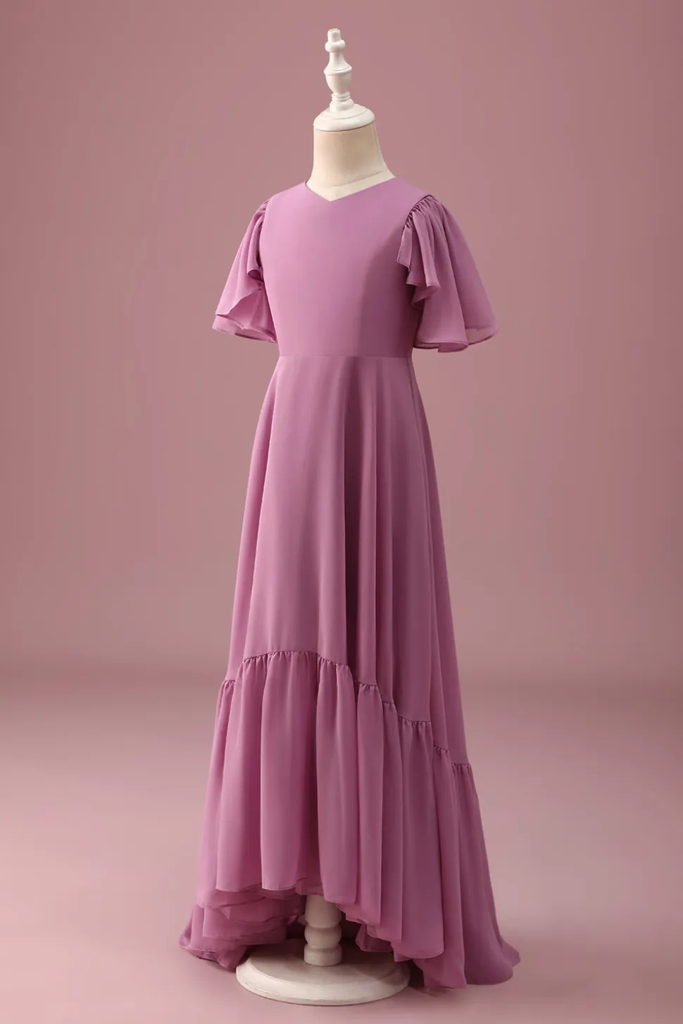 Vintage Mauve Uma linha Ruched Chiffon Junior vestido de dama de honra com mangas curtas