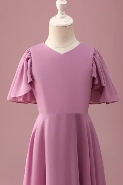 Vintage Mauve Uma linha Ruched Chiffon Junior vestido de dama de honra com mangas curtas
