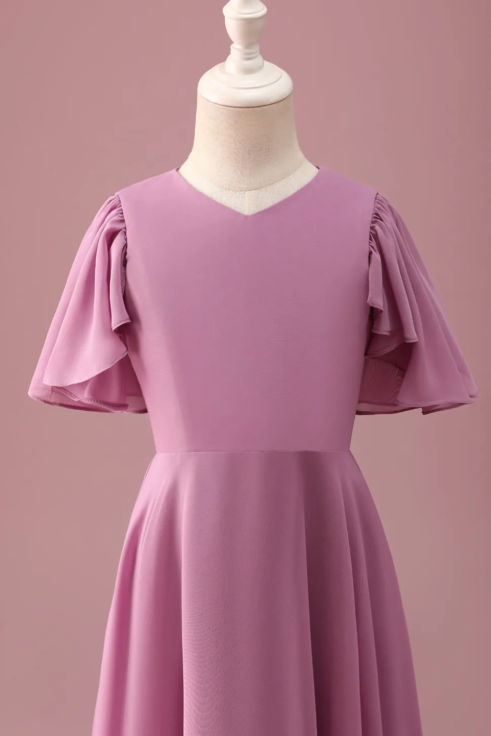 Vintage Mauve Uma linha Ruched Chiffon Junior vestido de dama de honra com mangas curtas