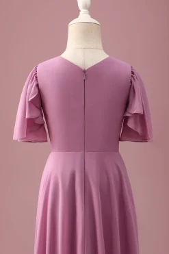 Vintage Mauve Uma linha Ruched Chiffon Junior vestido de dama de honra com mangas curtas