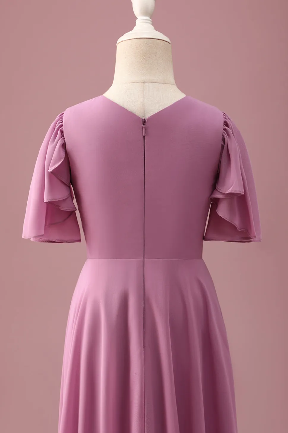 Vintage Mauve Uma linha Ruched Chiffon Junior vestido de dama de honra com mangas curtas