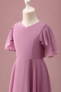 Vintage Mauve Uma linha Ruched Chiffon Junior vestido de dama de honra com mangas curtas