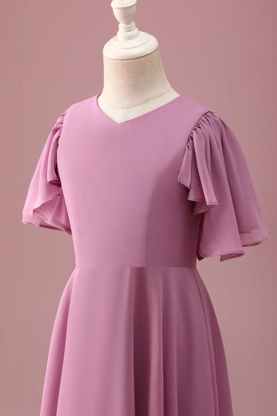 Vintage Mauve Uma linha Ruched Chiffon Junior vestido de dama de honra com mangas curtas