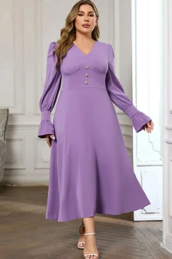 Violeta V Pescoço Manga Longa Plain Midi Bodycon Prom Dress