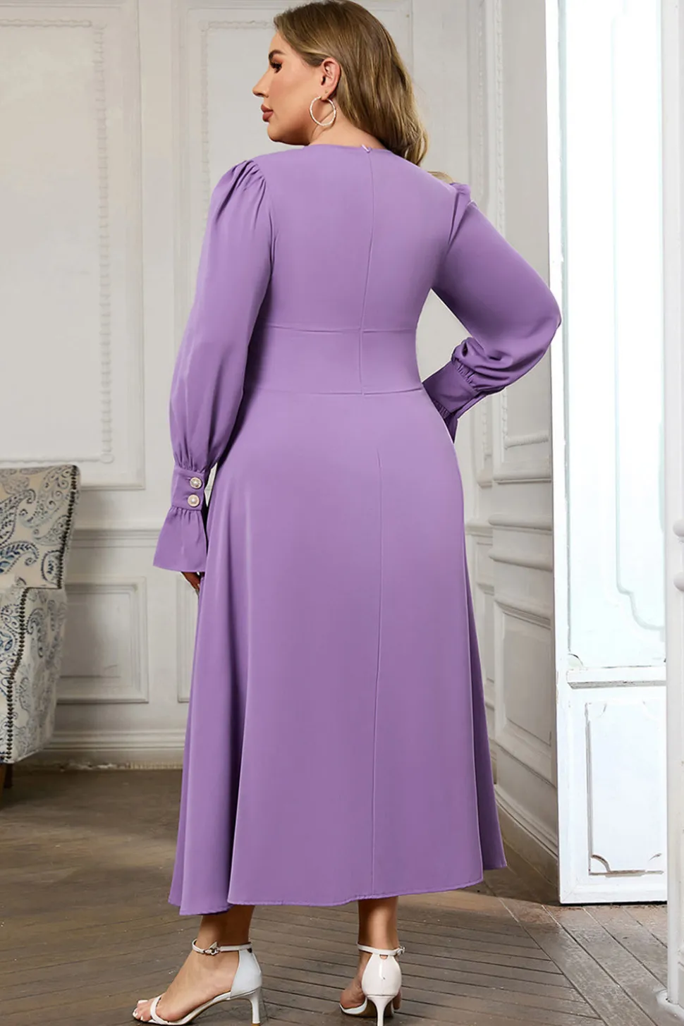 Violeta V Pescoço Manga Longa Plain Midi Bodycon Prom Dress