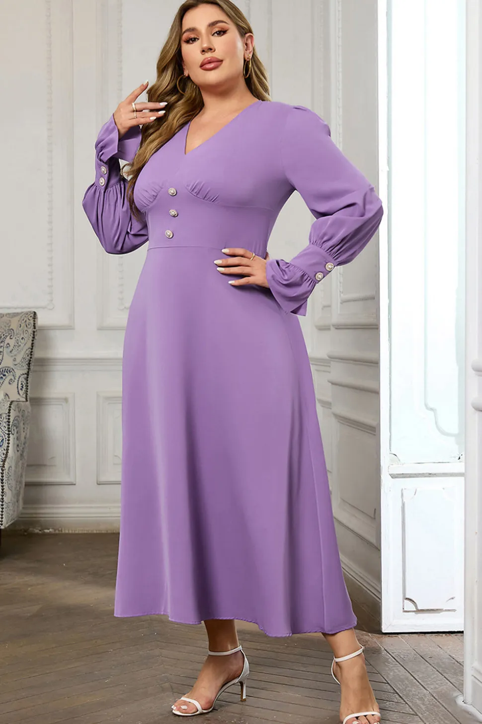 Violeta V Pescoço Manga Longa Plain Midi Bodycon Prom Dress