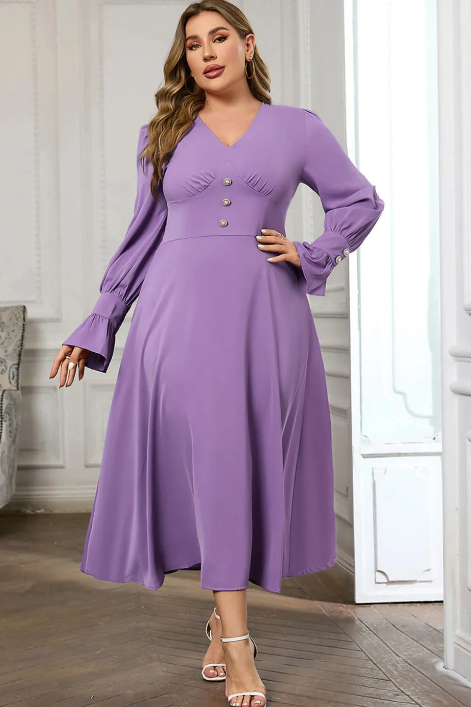 Violeta V Pescoço Manga Longa Plain Midi Bodycon Prom Dress