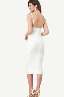 V-Neck Keyhole vestido de festa branco com babados