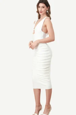 V-Neck Keyhole vestido de festa branco com babados