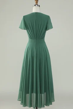 V-Neck mangas curtas vestido de dama de honra de eucalipto com laço