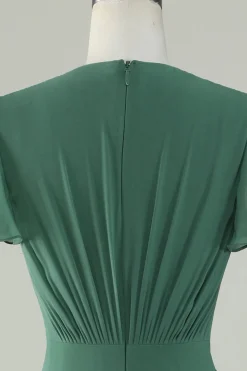 V-Neck mangas curtas vestido de dama de honra de eucalipto com laço