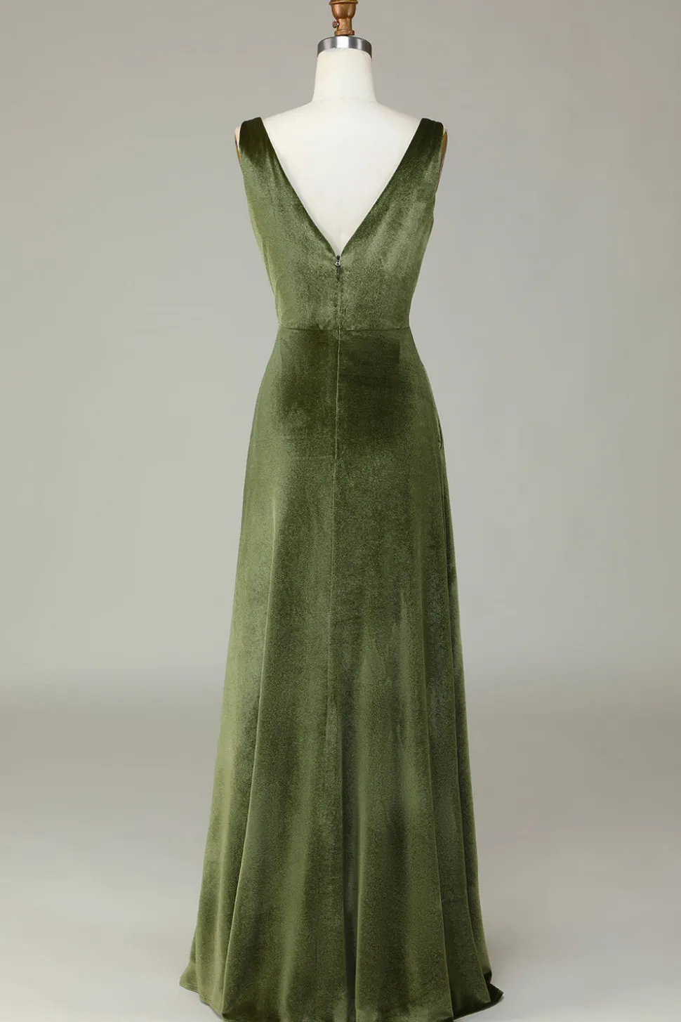 V-Neck Mangas Olive Velvet Vestido Madrinha