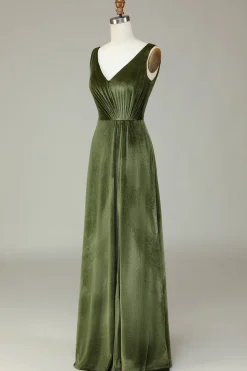 V-Neck Mangas Olive Velvet Vestido Madrinha